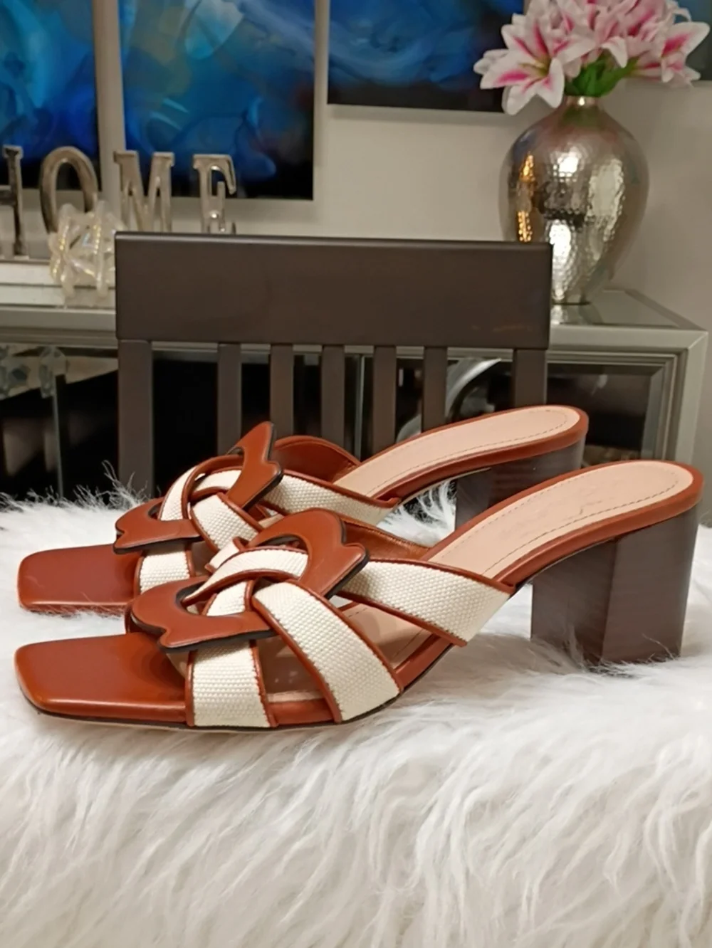 Coach Brown & Cream Braided Leather Block Heel Mule Size 8.5